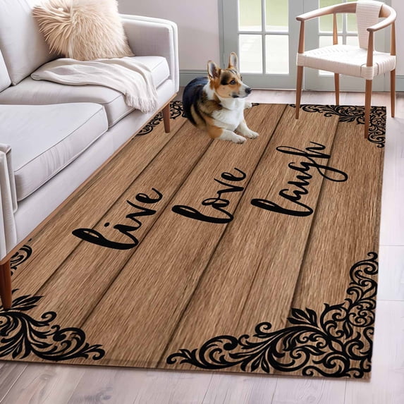 Live Love Laugh Washable Area Rugs 3'x5', Vintage Floral Texture Brown Wood Grain Low Pile Throw Living Room Rug Non-Slip Sturdy Edge Binding Carpet for Indoor Entryway Bedside Kitchen