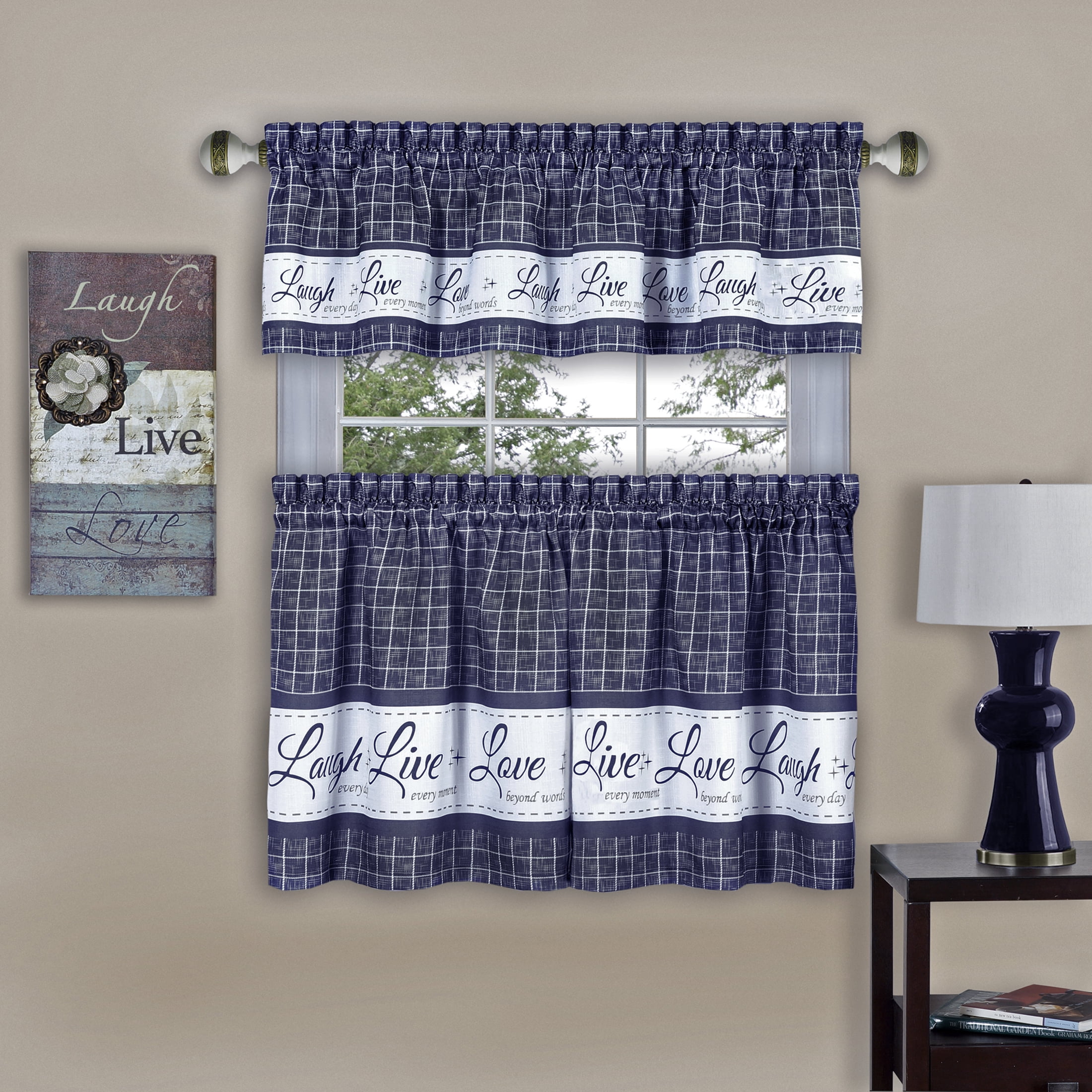 Navy Blue Polyester Live Love Laugh Window Valance