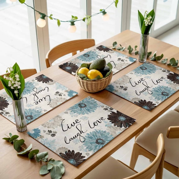 Live Love Laugh Words Placemats Set of 4,Wipeable Washable Table Mats for Dining Tables, Country Blue Brown Floral Place Mats for Kitchen Event Party Tabletop Decor