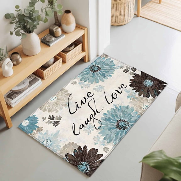 Live Love Laugh Words Rectangle Area Rug 2x3ft,Living Room Rug Non-Slip Washable Circle Rugs Pad,Country Blue Brown Floral Soft Floor Carpet for Bedroom Dining Room