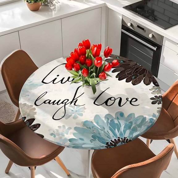 Live Love Laugh Words Round Fitted Tablecloth with Elastic Edge,Waterproof Table Cloth Fits Tables 36"-44",Wipeable Washable Table Cover for Indoor Outdoor Dinning Party,Country Blue Brown Floral
