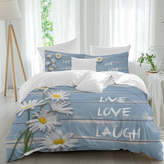 Live Love Laugh Words on Wood California King Size Bed Set,Country Flowers Daisy Bedding for All Seasons,4 Pcs Bed Set with 1 Quiltcover (90"x106"),1 Sheet(94"x116"),2 Pillowcases (19"x35")