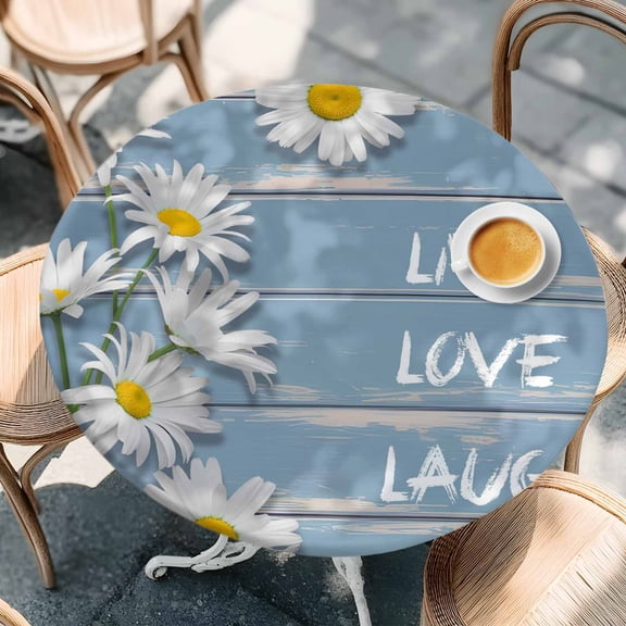 Live Love Laugh Words on Wood Round Fitted Tablecloth with Elastic Edge,Waterproof Table Cloth Fits Tables Up to 36"-44",Wipeable Washable Table Cover for Indoor Outdoor Dinning,Country Flowers Daisy