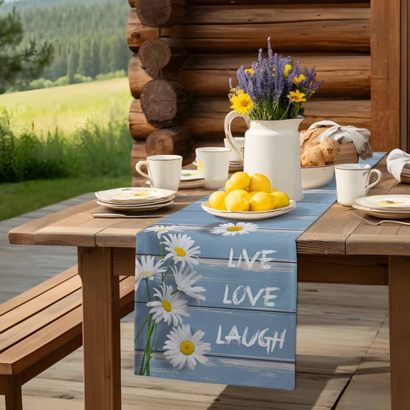 Live Love Laugh Words on Wood Table Runner 13x36in Non-Slip Cotton Linen Table Runners, Country Flowers Daisy Dresser Scarves TableRunner for Dinner Kitchen Dining Wedding Party