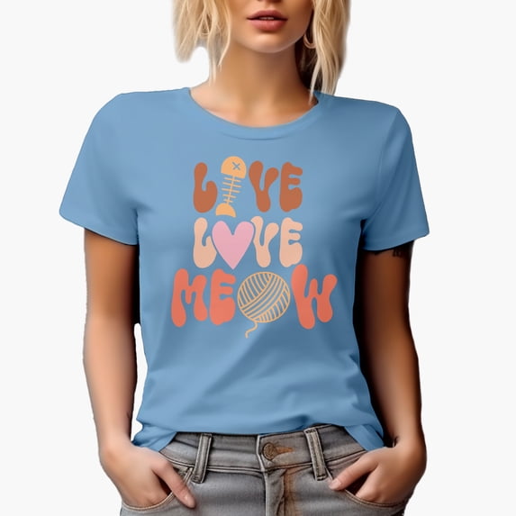 Live Love Meow with a Fishbone, Heart & Yarn, Cat Lover Art Merch Gift, Baby Blue T-Shirt, Medium