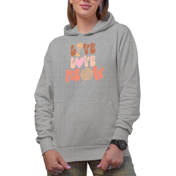Live Love Meow with a Fishbone, Heart & Yarn, Cat Lover Art Merch Gift, Heather Grey Hooded Sweatshirt or Hoodie, XL