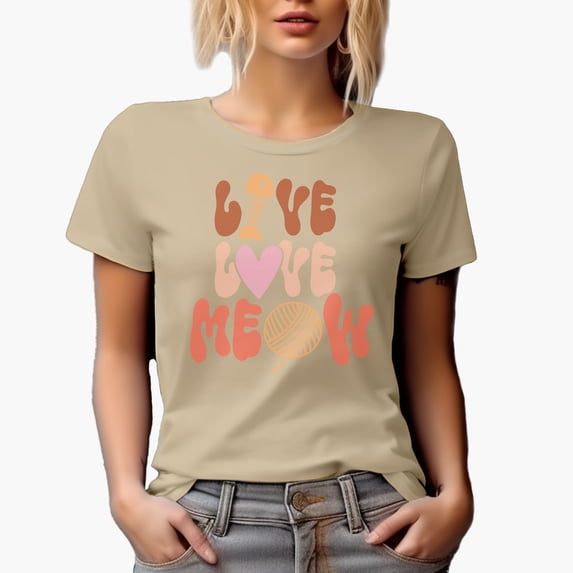 Live Love Meow with a Fishbone, Heart & Yarn, Cat Lover Art Merch Gift, Tan T-Shirt, Medium