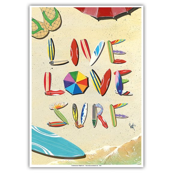 Live Love Surf - Beach Sand Surfboard Art - From an Original Color Painting by Scott Westmoreland - Master Art Print 10in x 14in