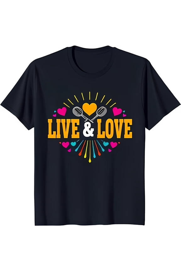 Live & Love Tennis T-Shirt Blue with Crossed Rackets & Colorful Hearts Design