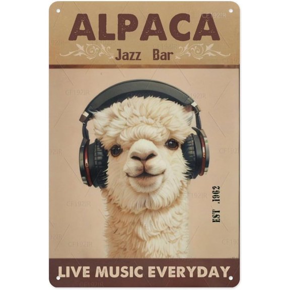 Live Music Everyday Alpaca Headphone Vintage Aluminum Tin Sign - Musical Alpaca Fun Design Decorative Metal Sign, 8x12 Inches, Whimsical Wall Decor for Home Decor, Music Room Alpaca Fan's Space