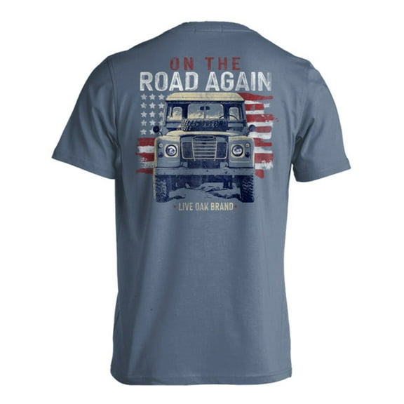 Live Oak Brand On The Road Again Unisex Comfort Colors Pocket Short Sleeve T-shirt, Blue Jean- Medium