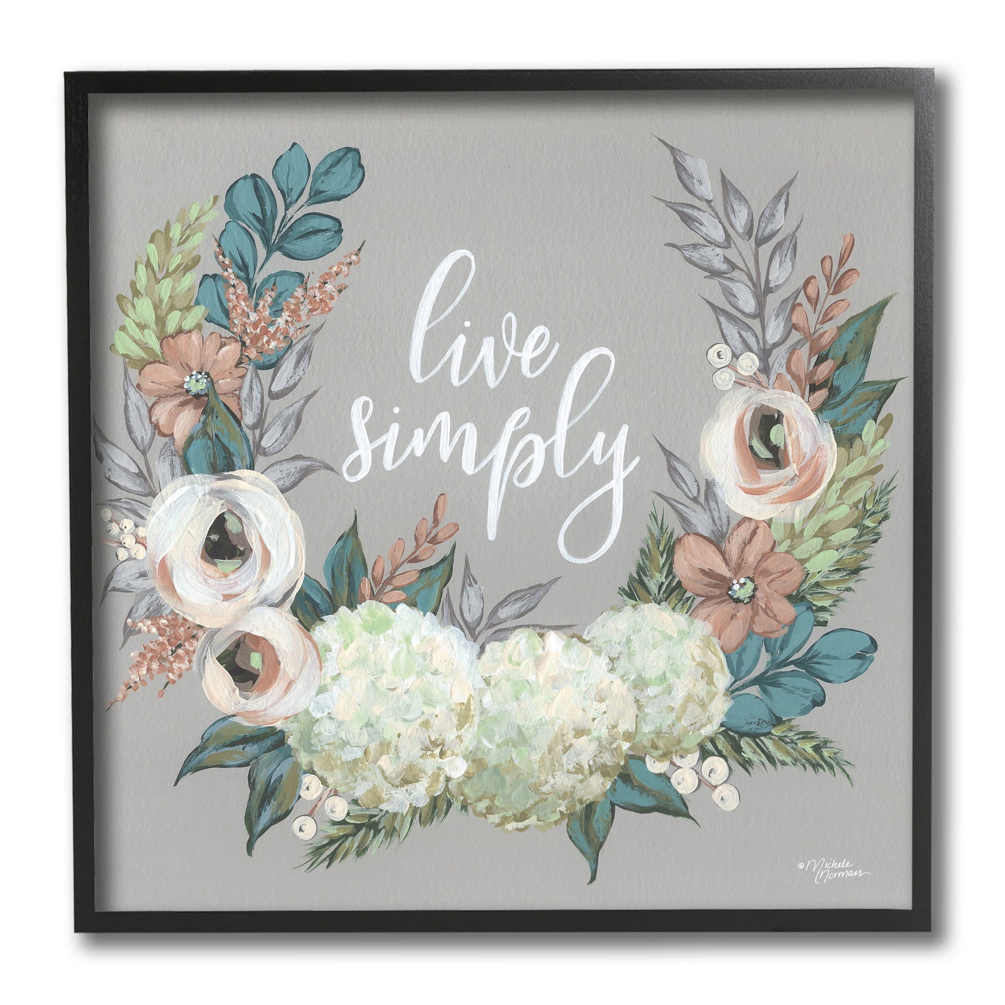 Live Simply Sentiment Floral Wreath 12" x 12" Black Wood Framed Art