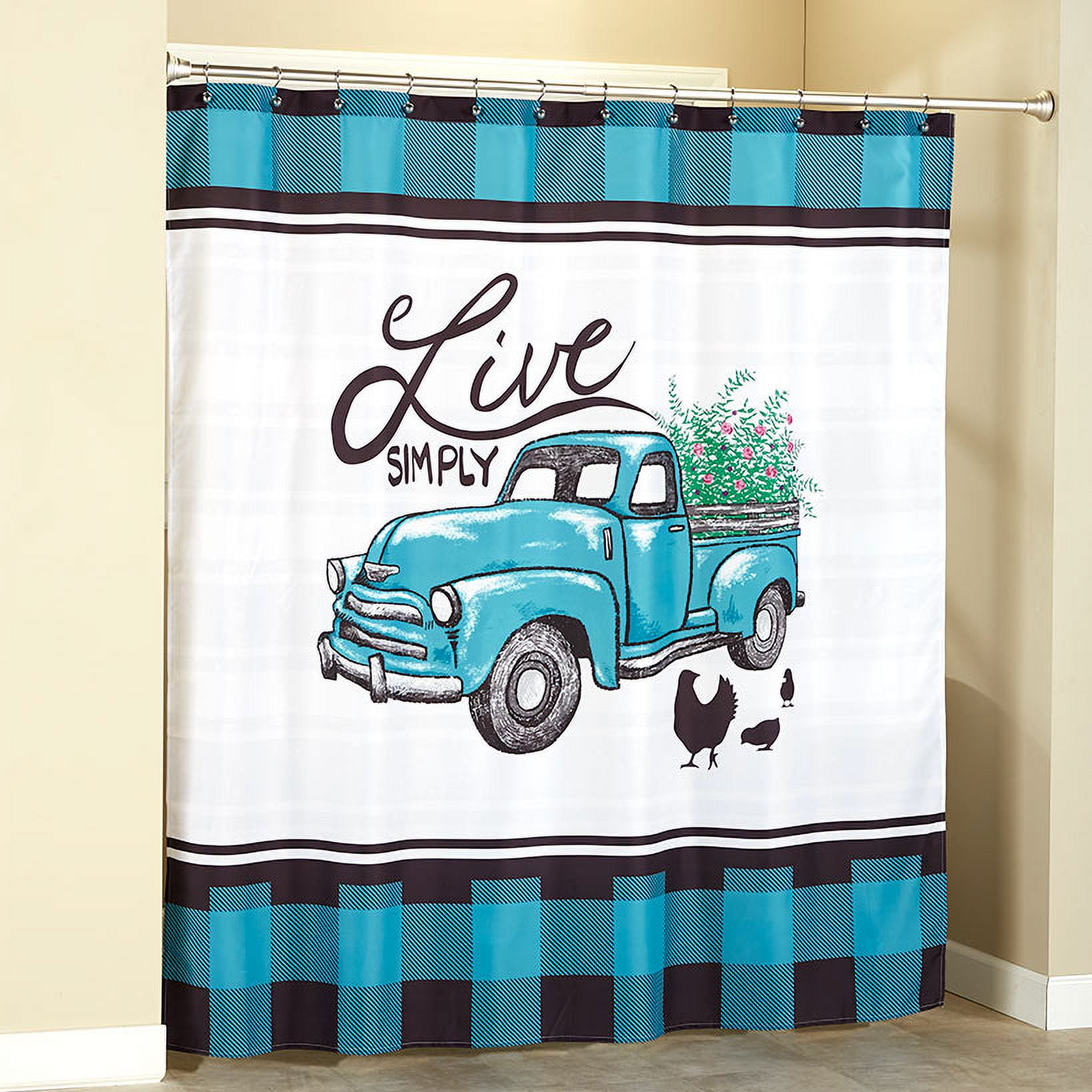 Live Simply Teal and Black Polyester Shower Curtain