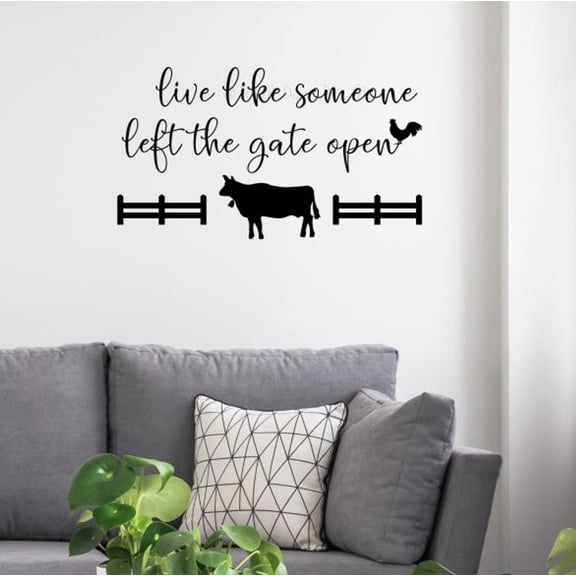 Live Someone Left Gate Open Cow Fence Rooster Farmhouse Wall Art Sticker - Farmers Living Room Kitchen Vinyl Wall Art Decal - Modern Farmhouse Wall Decor Quote, 23x13-Inch, Black