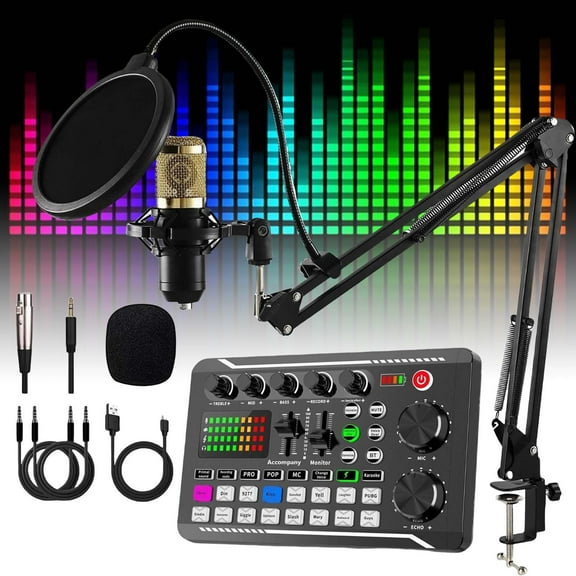 Live Sound Card with DJ Mixer Effects & Voice Changer, Live Sound Card Audio Mixer, Sound Mixer Board LED Light Voice Changer Sound Card with 16 Special Sound Effects for Live Streaming (Sound card)