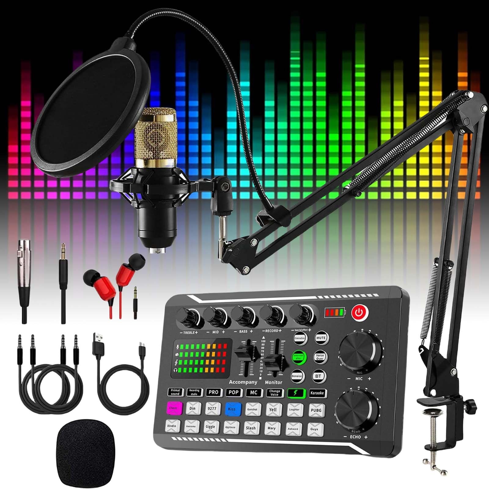 Live Sound Card with DJ Mixer Effects & Voice Changer, Live Sound Card Audio Mixer, Sound Mixer Board LED Light Voice Changer Sound Card with 16 Special Sound Effects for Live Streaming (Sound card)