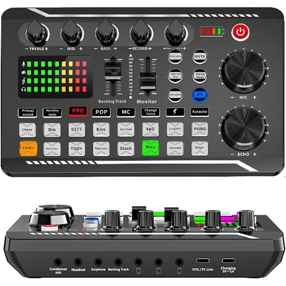 Live Sound Card, Mini Sound Mixer Board with 16 Effects and Voice Changer, Noise Reduction Bluetooth Live Sound Card Audio Mixer for Live Streaming, Podcast(Black,190 * 118 * 45mm)