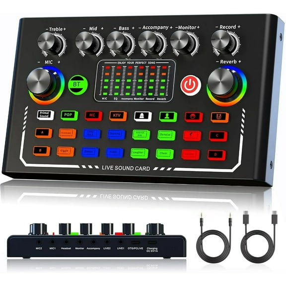 Live Sound Card, Wireless Bluetooth Audio Mixer, Podcast Audio Mixer with RGB Colorful Buttons, All-in-One Podcast DJ Device Live Broadcast Sound Card for PC Phone Karaoke Singing Gaming (Black)