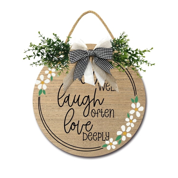 Live Well Laugh Often Love Deeply Sign Front Door Porch Decorations, Round Rustic Wood Hanging Sign for Farmhouse Porch Outdoor Home Holiday Front Door Sign Decor