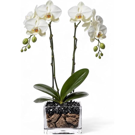 Live White Double Stem Phalaenopsis Orchid with Black Obsidian ‚ Premium Indoor Flowering Houseplant for Home Office D√©cor | Easy-Care Live Plant