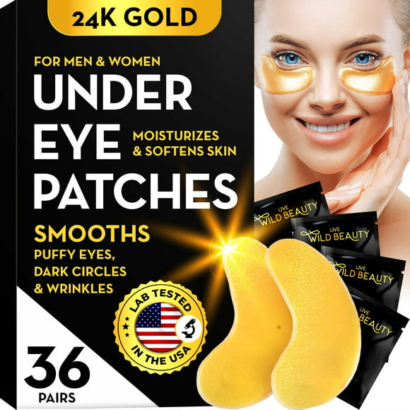 Live Wild Beauty Under Eye Patches for Puffy Eyes, 24k Gold Eye Mask for Dark Circles, 36 Pairs