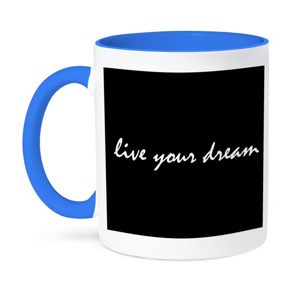 3dRose, Live your dream, white script letters on a black background, 11oz Two-Tone Blue Mug