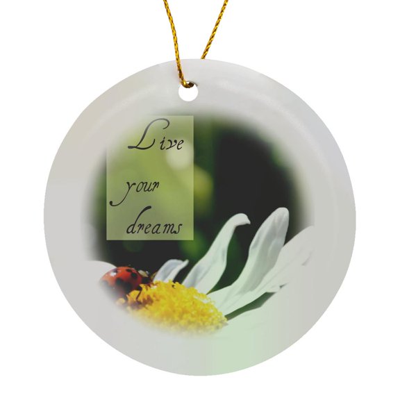 3drose, Live Your Dreams Ladybug and Daisy Inspirational Quotes Macro Flowers, Circle Porcelain Ornament