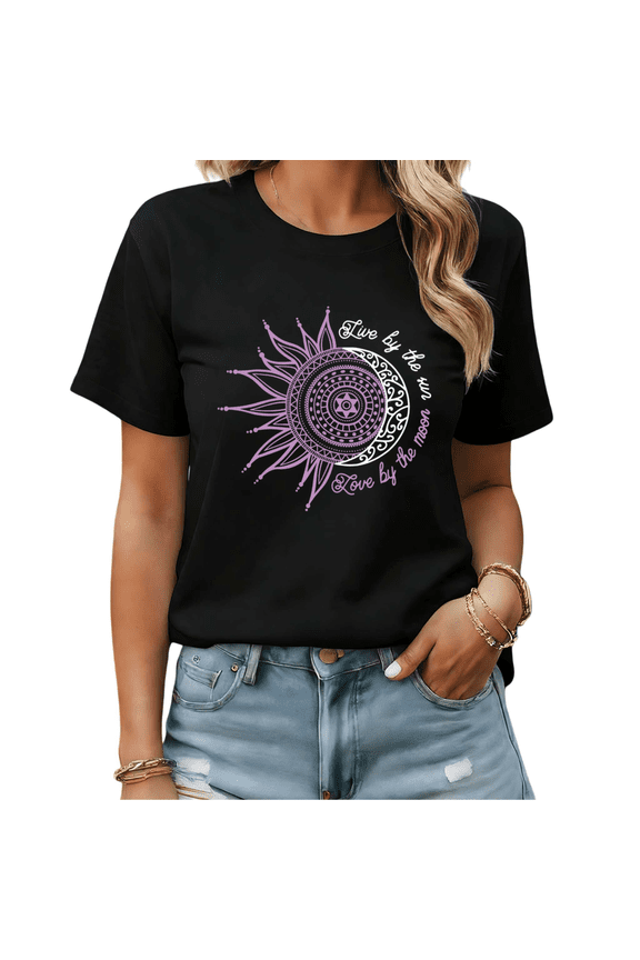 Live by the Sun Love by the Moon Womens Print Tshirt Graphic Tees Black S-5XL Tops
