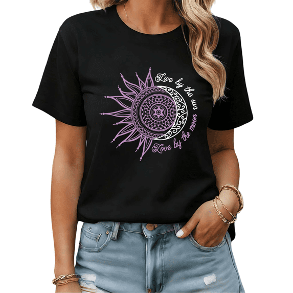 Live by the Sun Love by the Moon Womens Print Tshirt Graphic Tees Black S-5XL Tops