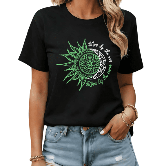 Live by the Sun Love by the Moon Womens Print Tshirt Graphic Tees Black S-5XL Tops