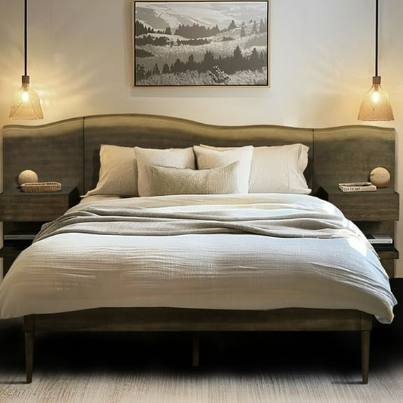 Live-edge Headboard Platform Bed For Queen With Built-in Nightstand , Dark Areas