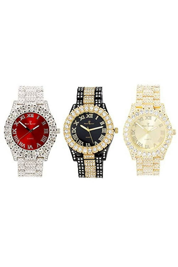 Live for The Versatility This Iced Out Bling Watch Set Offers!! Love The Hip Hop Style & Colors! Exclusive Bust Down Watches for Men - 360Combo 1