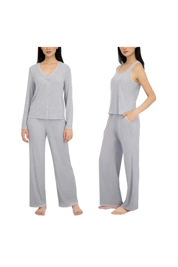 Live 2 Lounge Womens 3 Piece Pointelle Lounge Wear Pajama Set, Gray, Size XXL