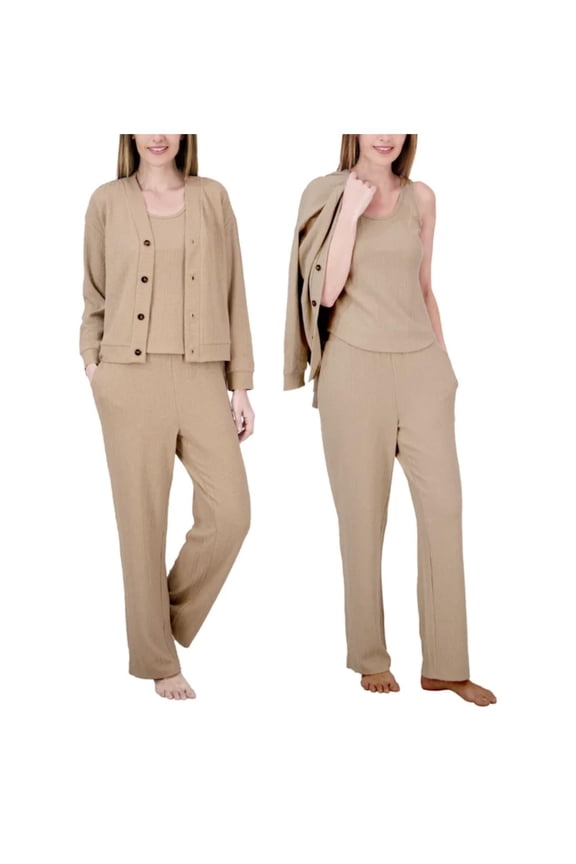 Live2Lounge Women's 3 Piece Textured Cable Knit Lounge Set (US, Alpha, X-Large, Regular, Regular, Tan)