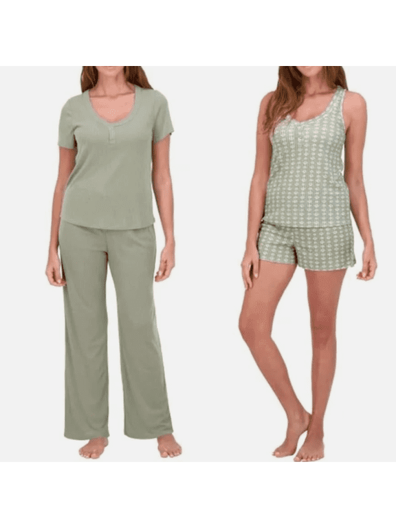 Womens 4 Piece Pointelle Lounge Wear Pajama Set Green Small
