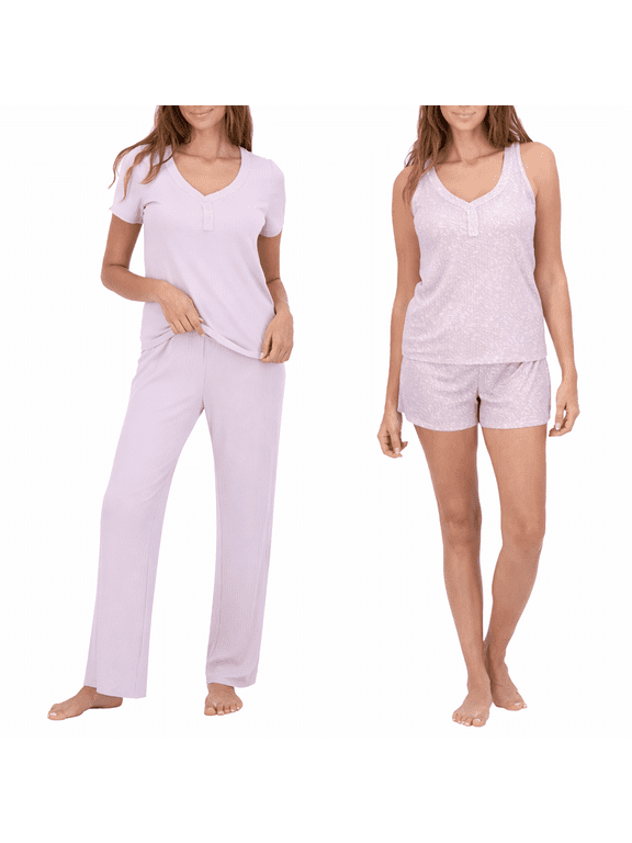 Live 2 Lounge Womens 4 Piece Pointelle Lounge Wear Pajama Set, Purple, Large