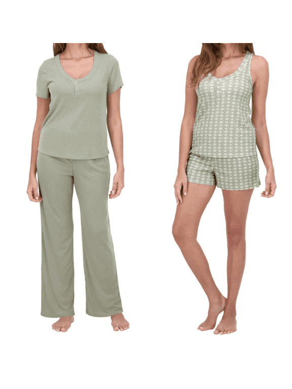 Live 2 Lounge Womens 4 Piece Pointelle Lounge Wear Pajama Set, Green, Medium