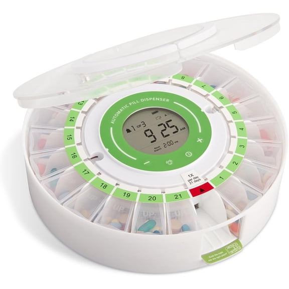 LiveFine Automatic Pill Dispenser with 21 Compartments, Alarm Reminder, LCD, Lock, Removable Cups