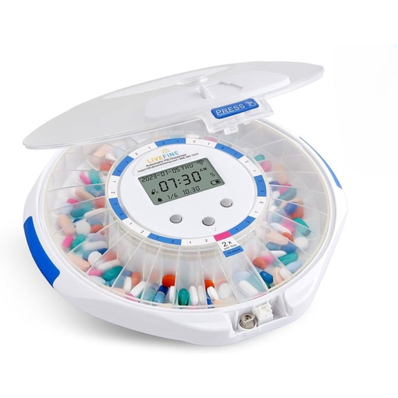 LiveFine Smart WiFi Automatic Pill Dispenser 28-Day Organizer 9 Doses Daily Lock Key Alarms (Frosted)