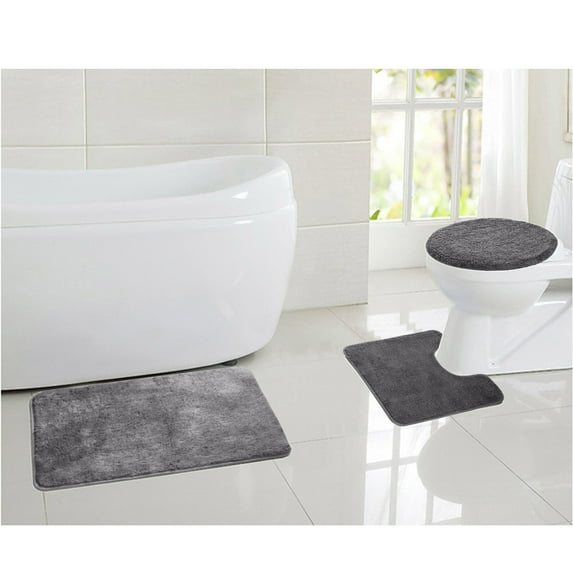 LiveGo Bathroom Rug Sets Bath Mats 3 Piece, Shaggy Soft Non-Slip Solid Color Rectangular Floor Mat, Contour U-Shaped Area Rug, Toilet Lid Cover