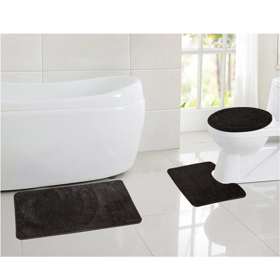 LiveGo Bathroom Rug Sets Bath Mats 3 Piece, Shaggy Soft Non-Slip Solid Color Rectangular Floor Mat, Contour U-Shaped Area Rug, Toilet Lid Cover