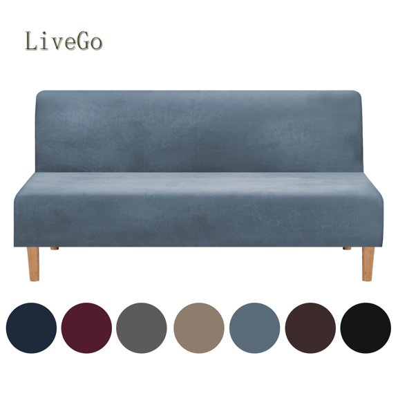 LiveGo Stretch Velvet Futon Cover Armless Sofa Covers Thick Sofa Bed Slipcover Protector, Blue