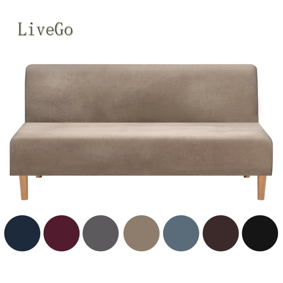 LiveGo Stretch Velvet Futon Cover Armless Sofa Covers Thick Sofa Bed Slipcover Protector, Camel