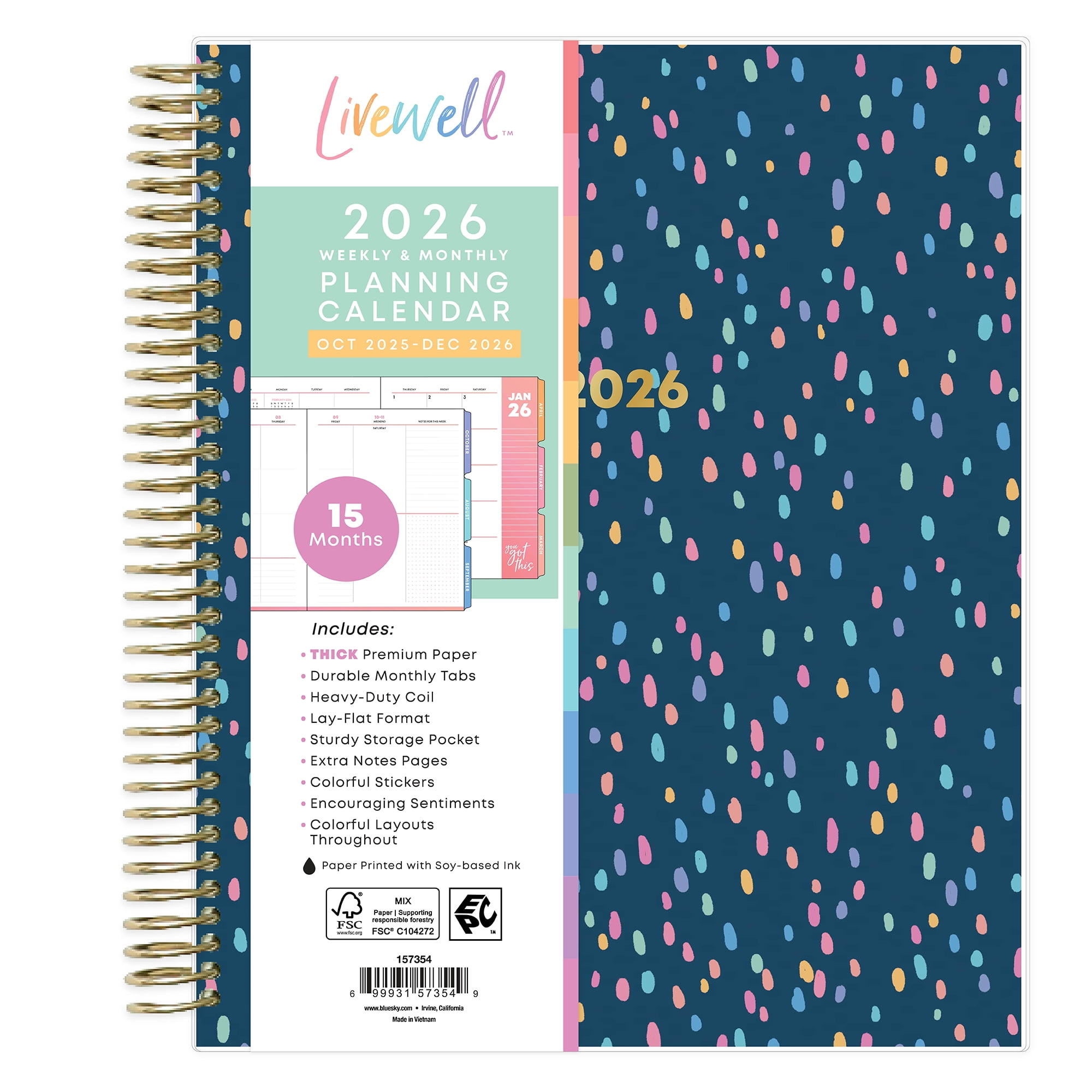LiveWell for Blue Sky Monthly Weekly Medium Planner (7" x 9") Nova Navy 15-Month October 2025 - December 2026
