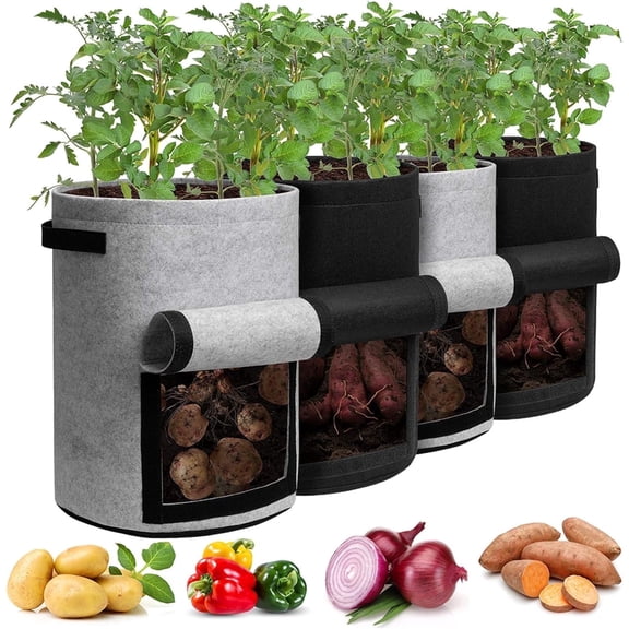 Livease 4 Pcs 10 Gallon Potato Grow Bags with Flap, Heavy Duty Aeration Nonwoven Fabric with Handles