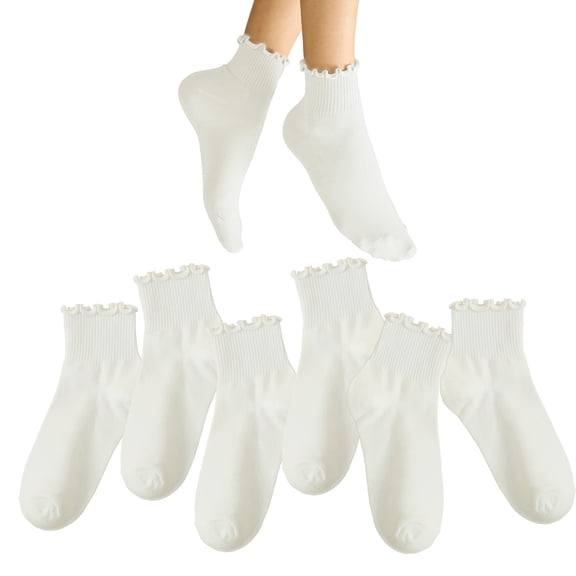 Livease 6 Pairs White Ankle Socks Women, Cute Ruffle Sock for Girl Women, Crew Frilly Sock