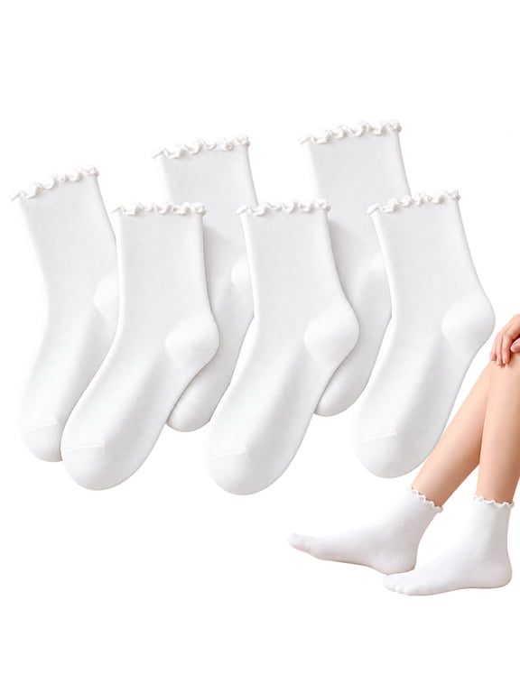 6 Pairs White Ruffle Socks for Girl Women,Thin Mid Crew Frilly Socks, Ankle socks, Size 5-10