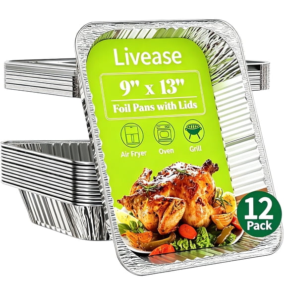 Livease Aluminum Pans 9x13 in, 12 Pack Foil Disposable Cake Pans with Lids, Rectangular Baking Pans