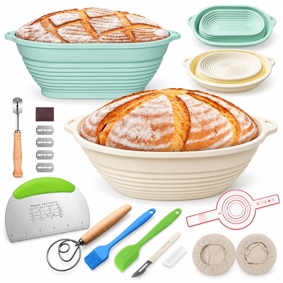 Livease Silicone Bread Banneton Proofing Basket Sets w/Liners & Baking Mats, Sourdough Starter Kit