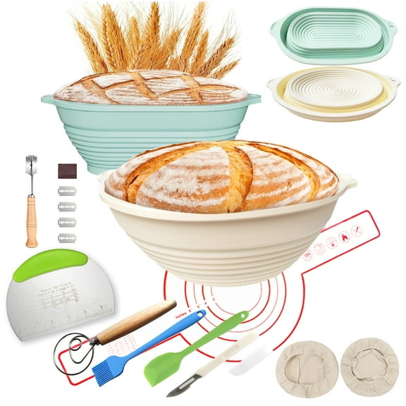 Livease Silicone Bread Banneton Proofing Basket Sets w/Liners & Baking Mats, Sourdough Starter Kit